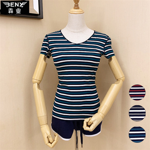 短袖 无痕圆领V领两年面穿条纹修身 T恤9257两面穿9236 女款 犇业夏季