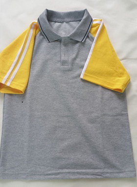 夏季浅灰色中小学生校服班服短袖T恤黄色袖子两道白杠网眼棉上衣