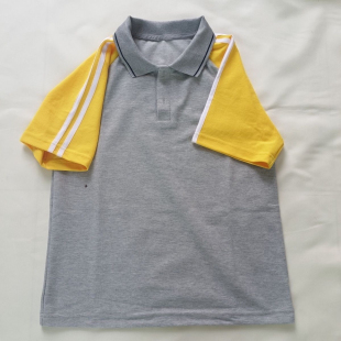 夏季浅灰色中小学生校服班服短袖T恤黄色袖子两道白杠网眼棉上衣