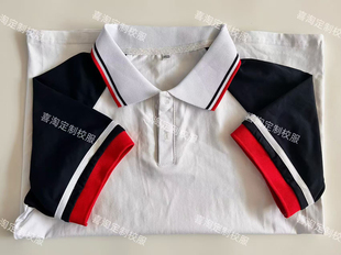 白領(lǐng)拼藏藍(lán)白杠加紅袖 定制中小學(xué)生校服純棉短袖 T恤POLO衫 夏季