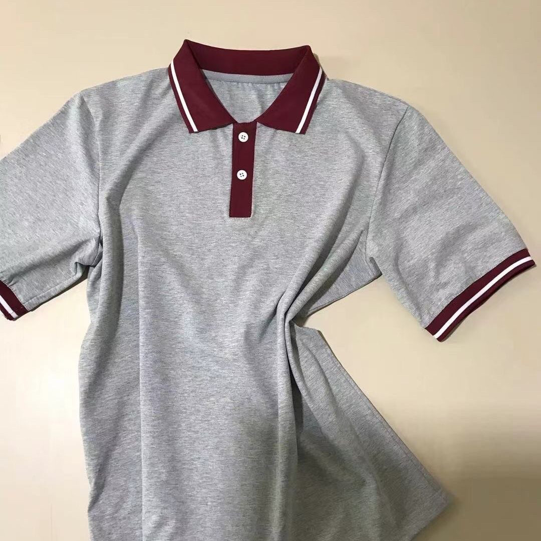 夏季中小学生浅灰校服上衣短袖t恤polo衫酒红领子一白杠条边