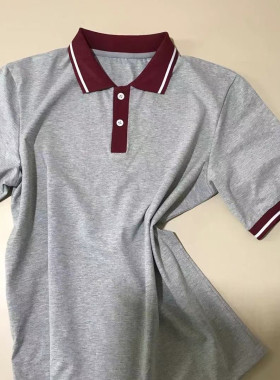 夏季中小学生浅灰校服上衣短袖t恤polo衫酒红领子一白杠条边