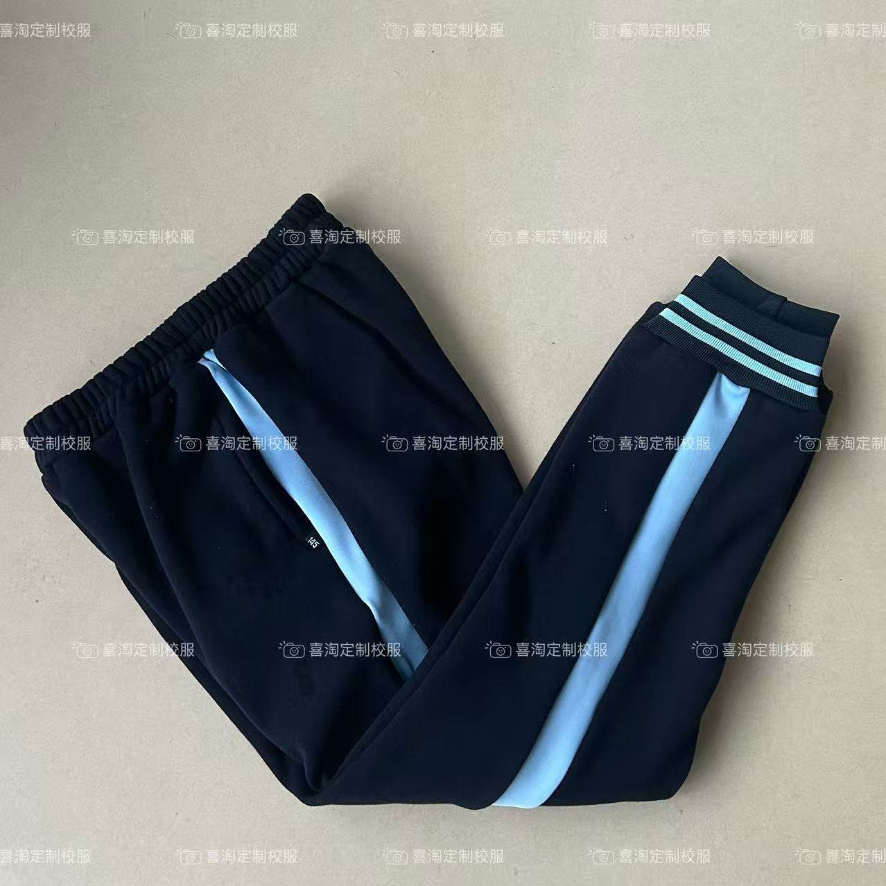 藏青色冬季校服拼接天蓝杠束口裤