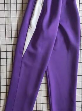 中小学生校服裤子紫色拼一条白色三角宽条直筒裤加绒加厚校裤