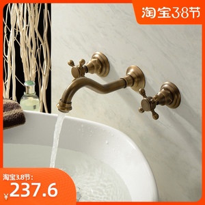金色仿古水龙头入墙式面盆水龙头冷热全铜暗装台盆三孔面盆水龙头