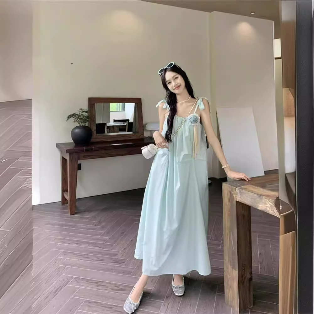 2024新款连衣裙女小香风重工无袖高个子甜美纯欲遮肚子吊带长裙子