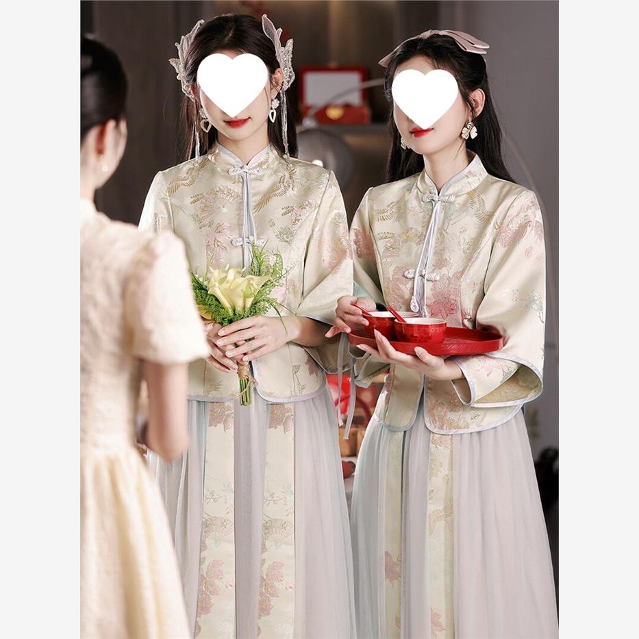 中式婚礼伴娘服新款灰色