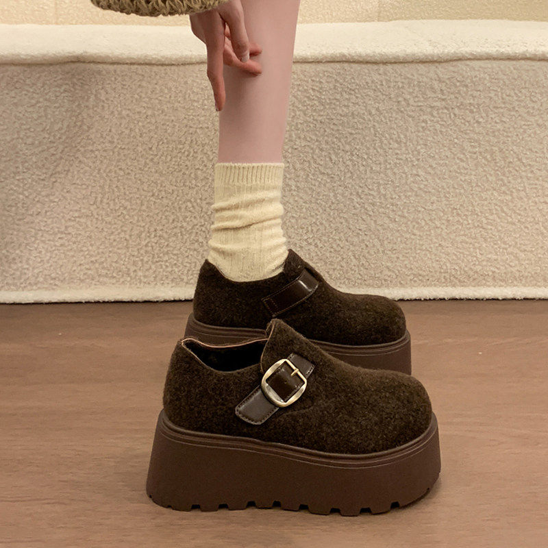 加绒复古勃肯鞋女2025新款秋冬小个子厚底增高雪地靴乐福棉鞋34码