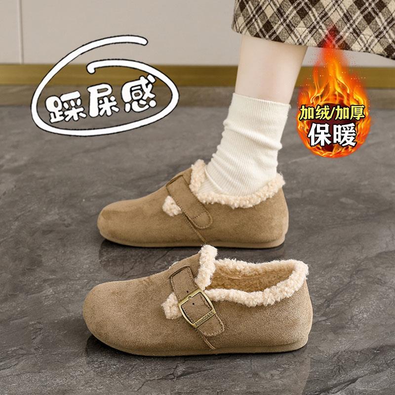 复古加绒内增高勃肯棉鞋女款2025秋冬新款一脚蹬宽胖脚孕妇毛毛鞋