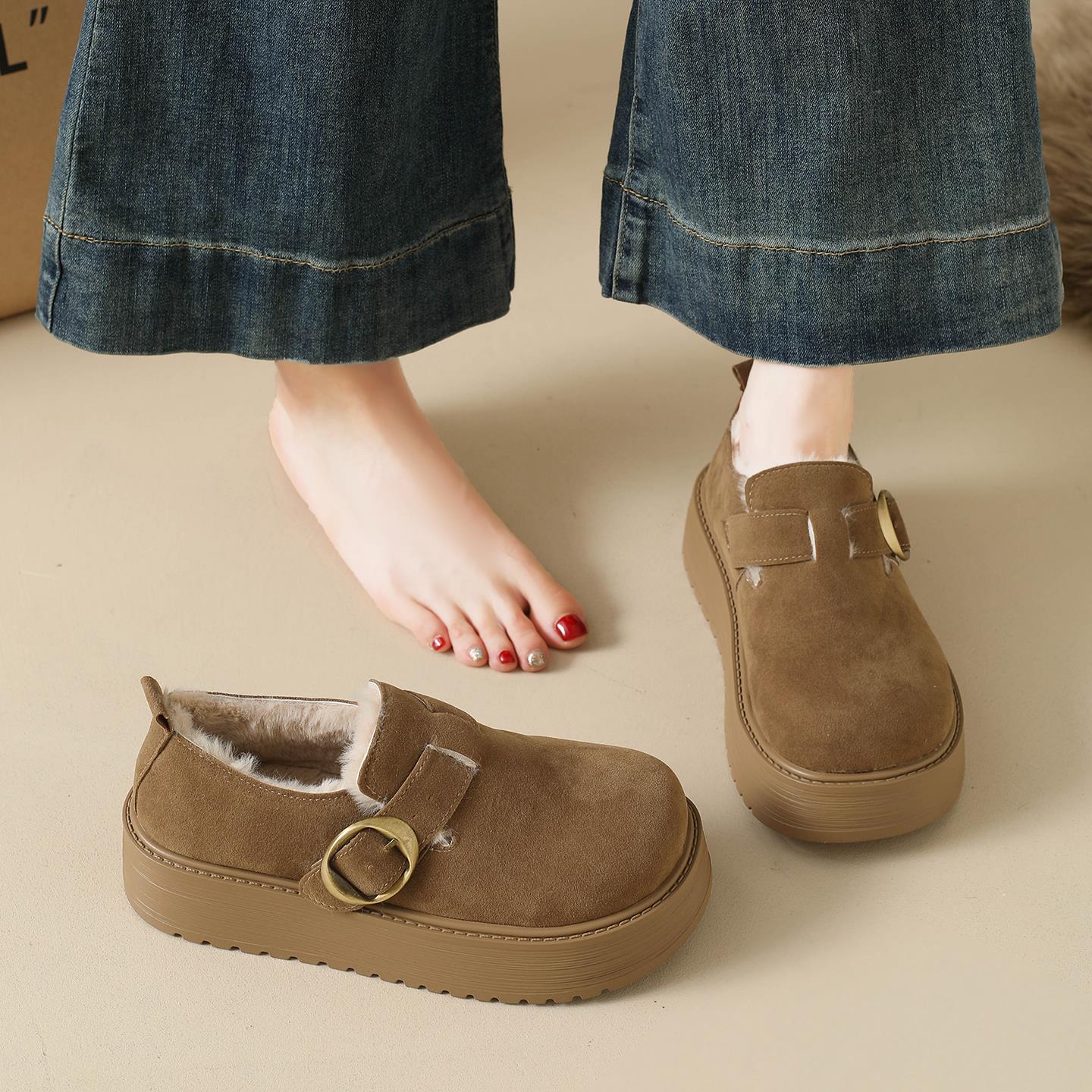 真皮厚底勃肯女鞋加绒乐福鞋2025新款秋冬雪地靴毛毛鞋博肯二棉鞋