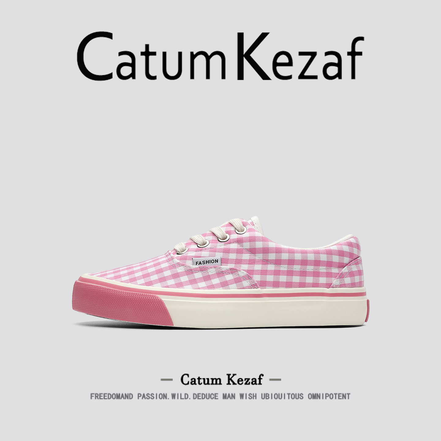 美国CatumKezaf软底帆布鞋女款秋季粉红色格子百搭学生休闲板鞋女
