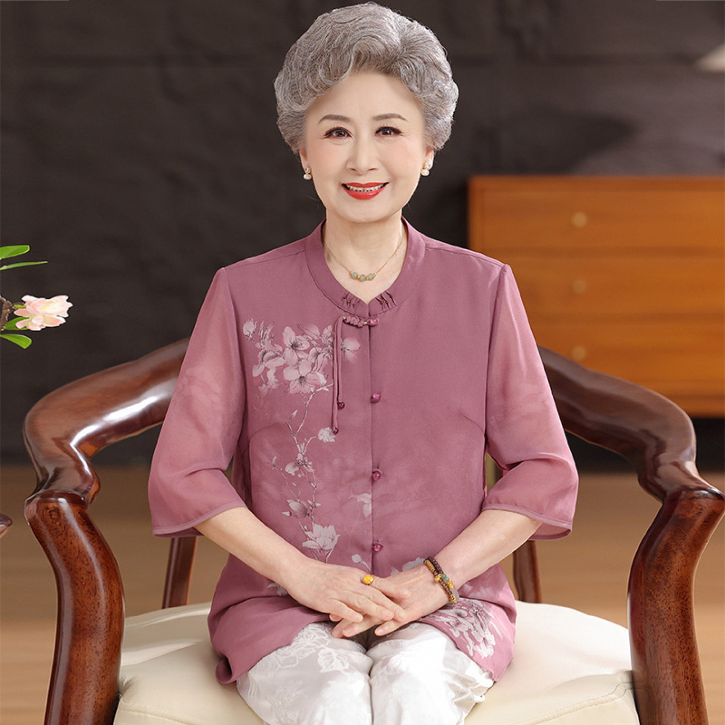 【100%桑蚕丝】妈妈真丝老太太衬衫上衣套装奶奶夏装开衫中老年女