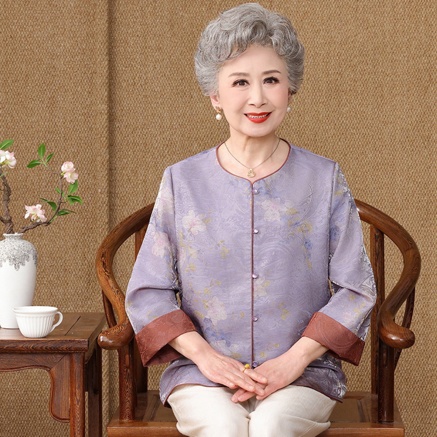【桑蚕丝100%】真丝上衣裤子奶奶夏装衬衫女两件套装中老年人妈妈