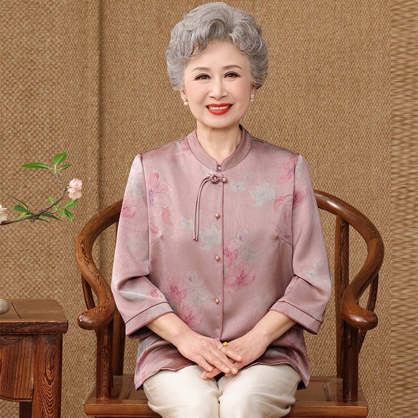 【桑蚕丝100%】中老年人上衣妈妈真丝奶奶夏装衬衫女开衫两件套装