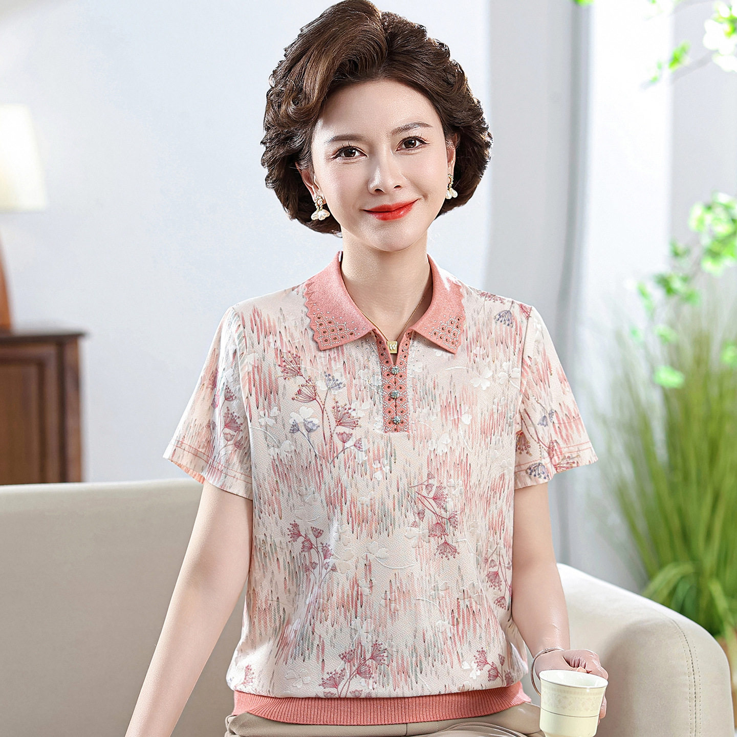 透气桑蚕丝妈妈夏装短袖T恤针织衫中老年女冰丝小衫冰凉真丝上衣