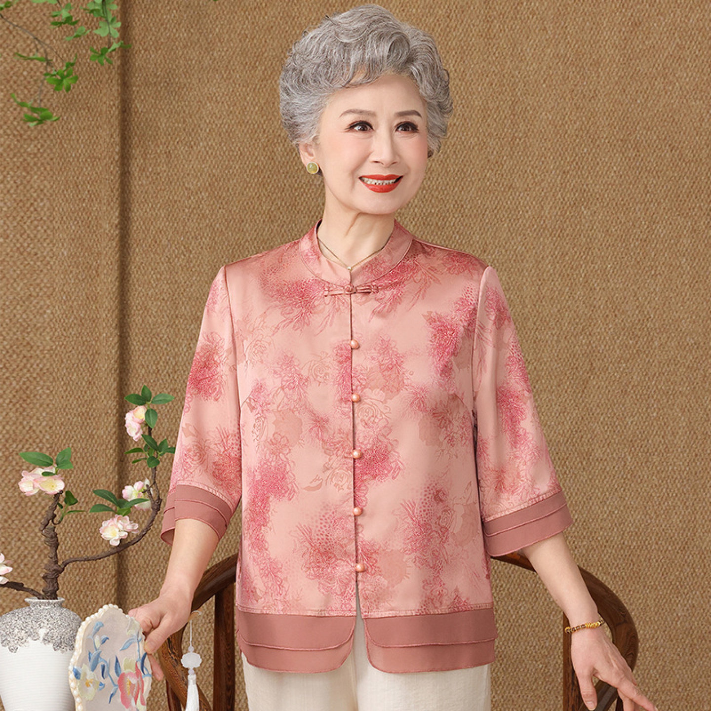 【100%桑蚕丝】老太太衬衫奶奶夏装开衫中老年女妈妈真丝套装上衣