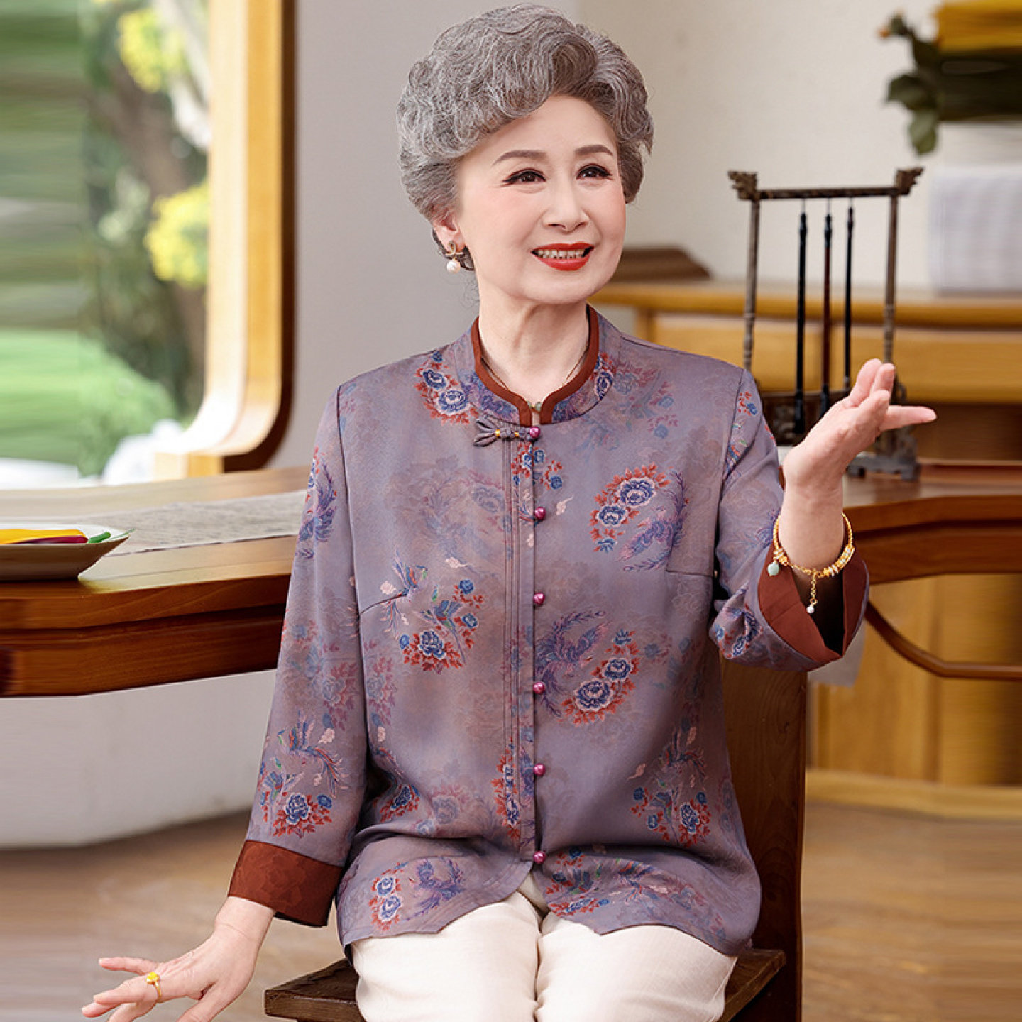【桑蚕丝100%】妈妈真丝中老年女上衣奶奶夏装开衫老太太衬衫套装