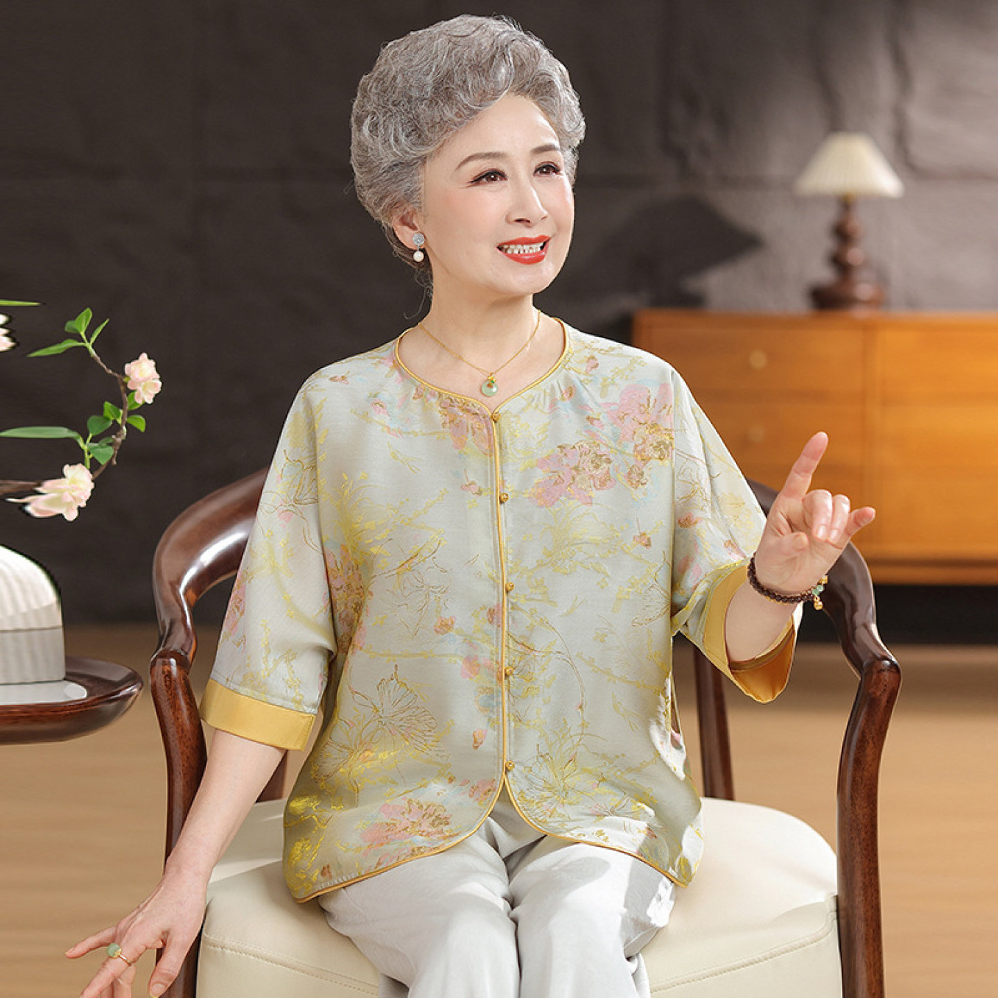 【100%桑蚕丝】中老年人奶奶夏装衬衫女套装开衫妈妈真丝上衣裤子