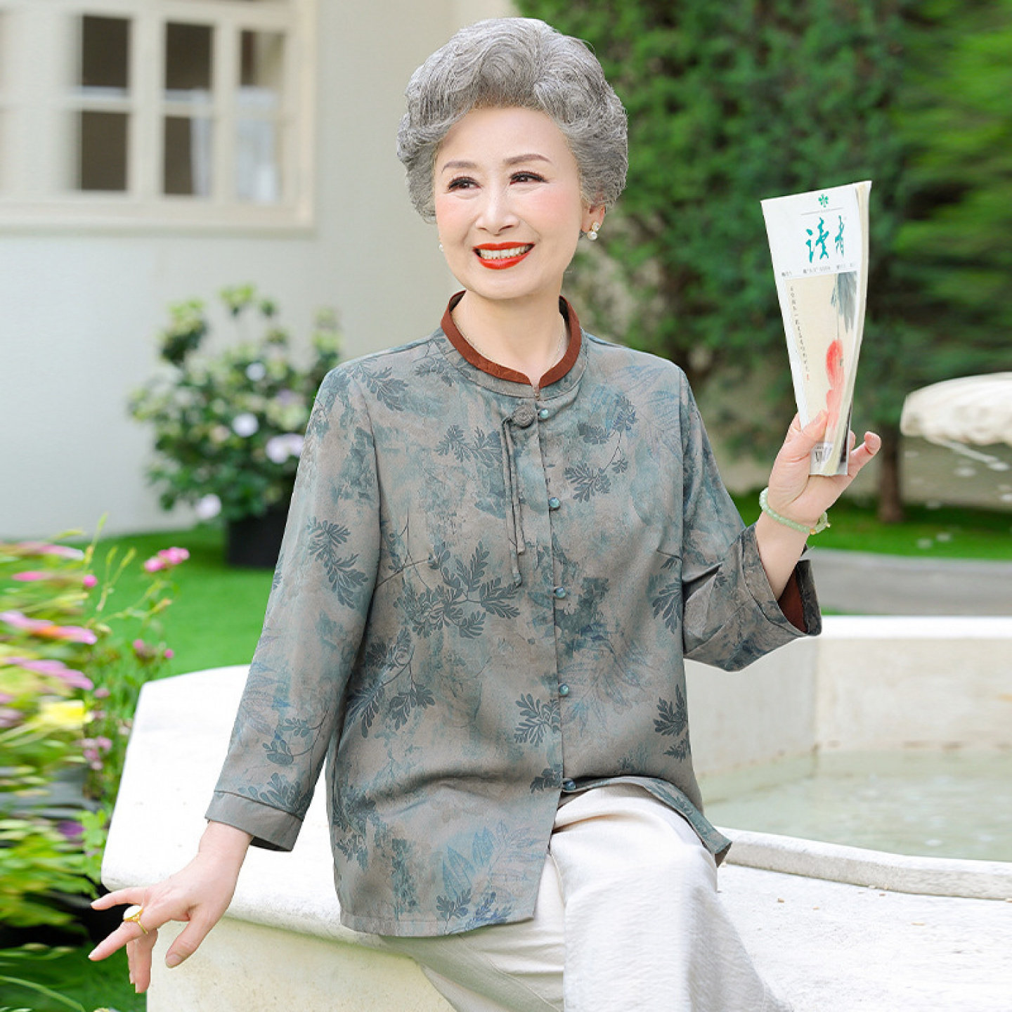 【桑蚕丝100%】上衣裤子两件套装妈妈中老年人奶奶夏装衬衫女真丝