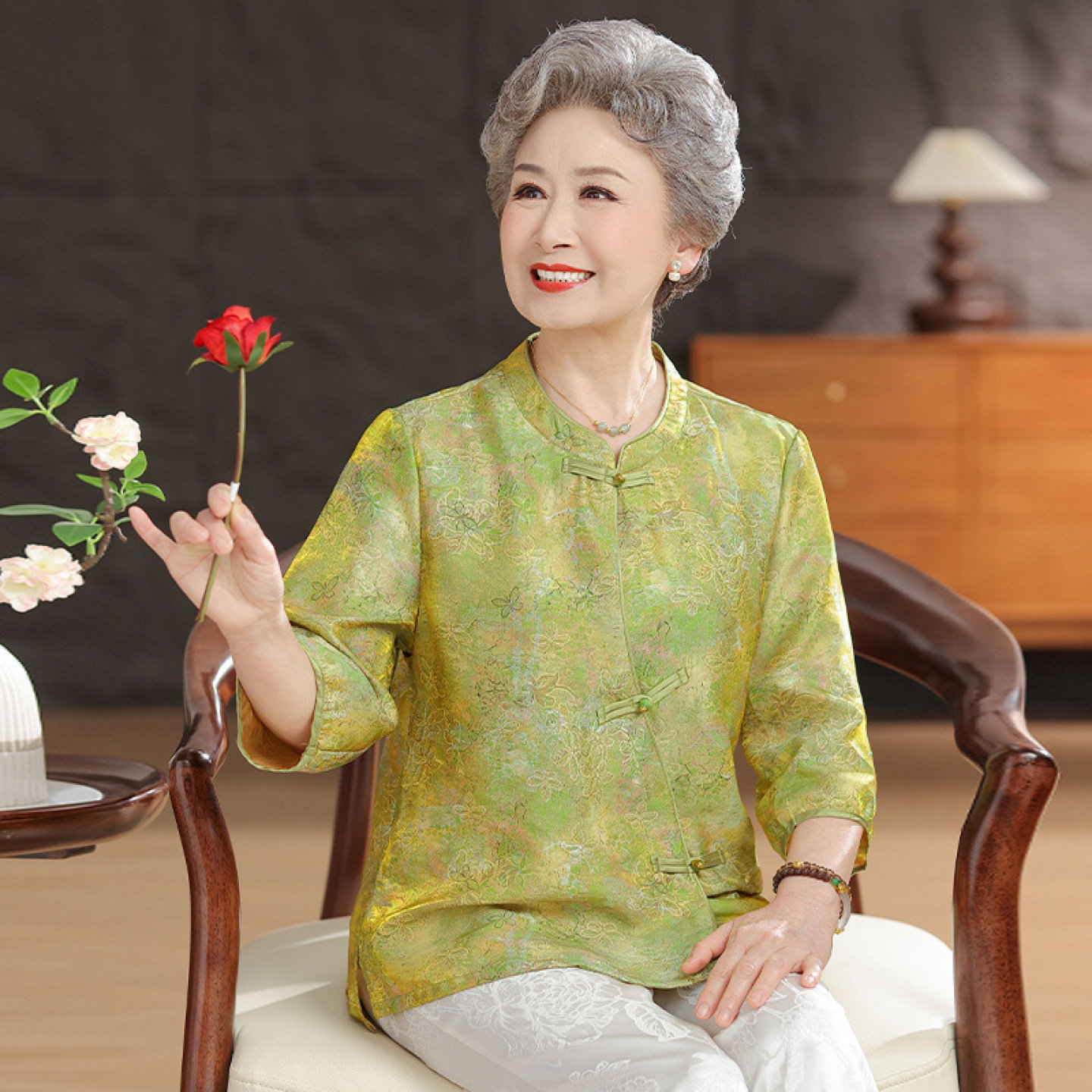 【桑蚕丝100%】上衣裤子妈妈两件套装奶奶夏装衬衫女真丝中老年人