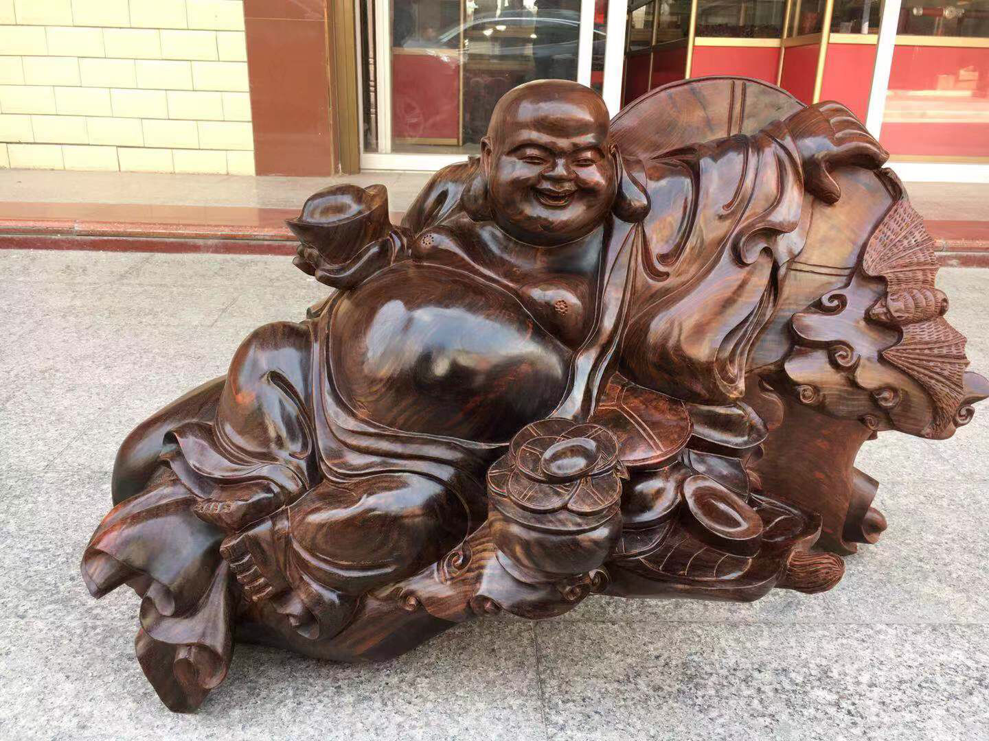 大红酸枝木雕大型弥勒卧佛笑佛摆木雕