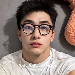 141mm小圆框黑框眼镜可配近视度数防蓝光小脸斯文复古质感平光镜