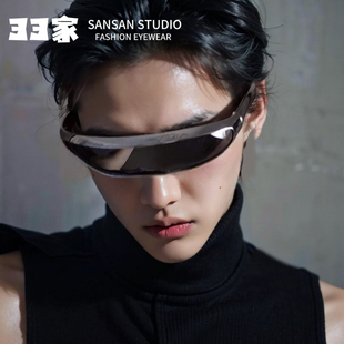 欧美未来感ins太阳眼镜一体式设计感墨镜炫酷太空机器人银色反光