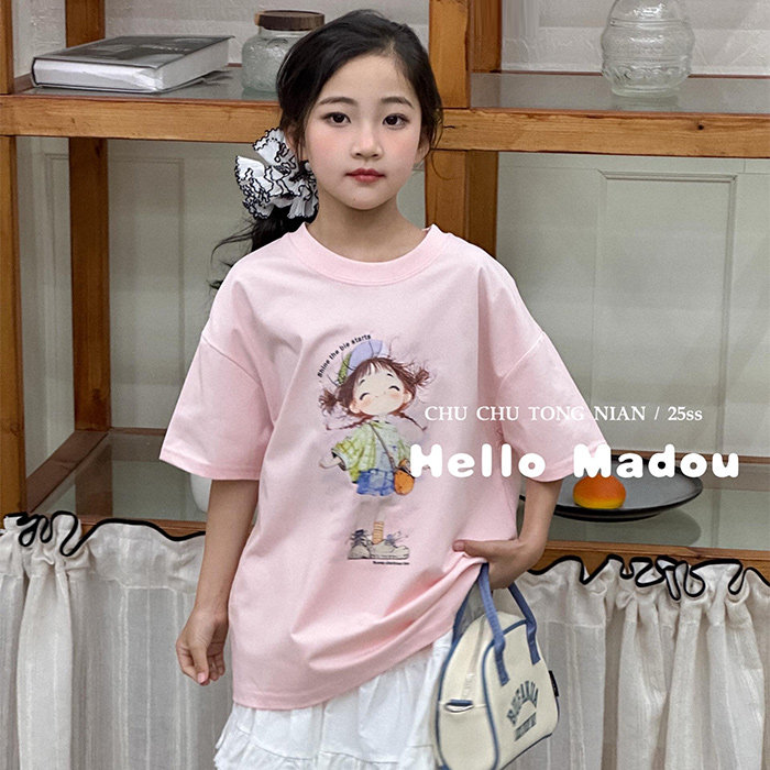 楚楚童年女童凉感卡通小女孩印花T恤 实体货 女童粉色百搭短袖