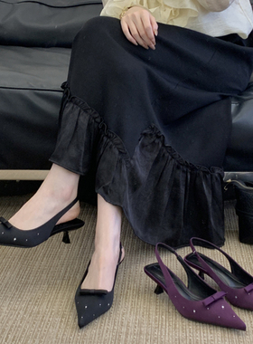 紫色绸缎蝴蝶结包头拖鞋女2025新款尖头水钻高跟鞋小众气质小单鞋