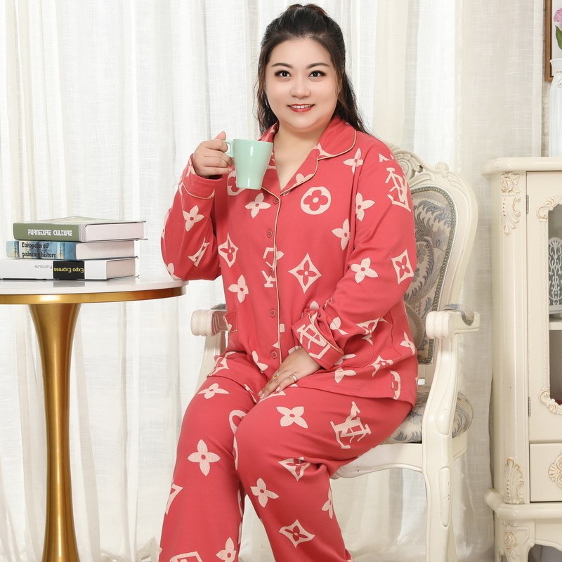 特体中老年女秋冬长袖翻领纯棉睡衣5XL200斤胖MM加大码家居服套装