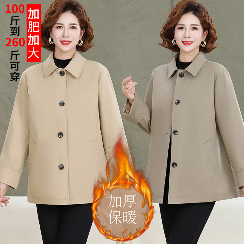 大码妈妈冬装外套夹棉胖中老年女风衣中长款洋气加肥加大A版显瘦