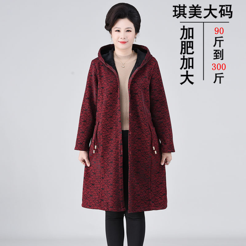 中老年长款风衣保暖外套连帽