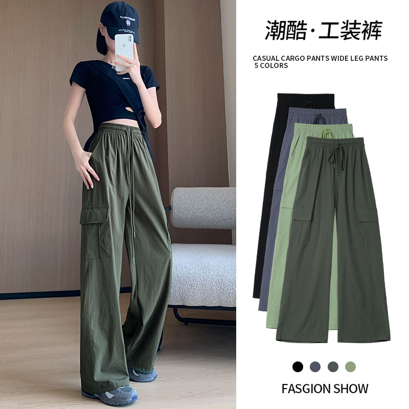 工装裤女2023新款夏季薄款高腰宽松阔腿运动长裤