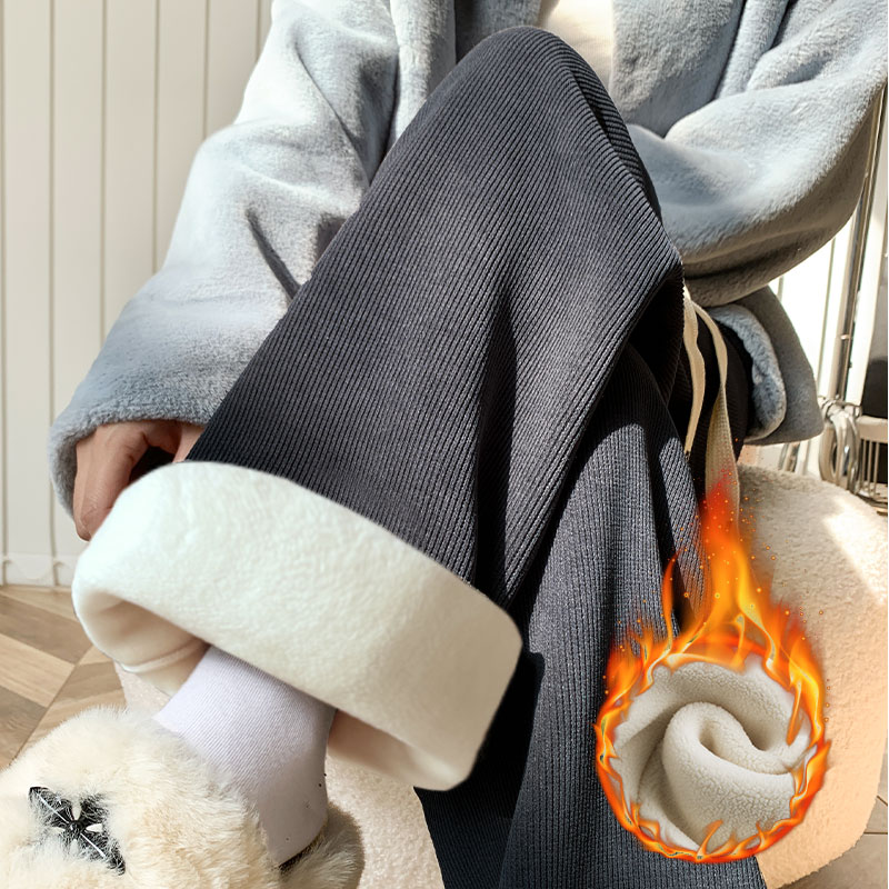 雪尼尔粗绳遛弯加绒松紧显瘦垂女裤直筒休闲阔腿裤