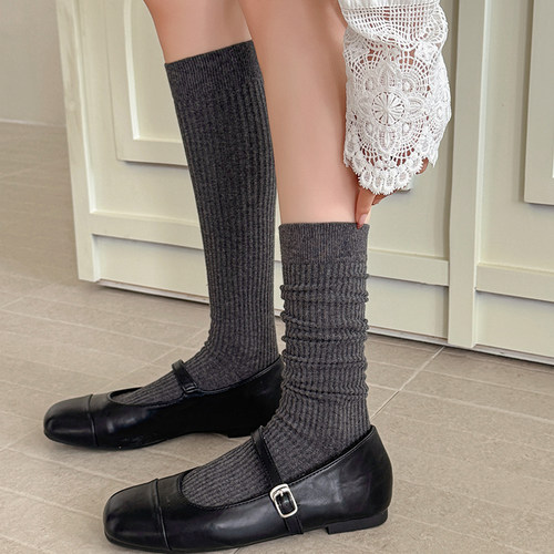 灰色小腿袜春秋细条纹miu风