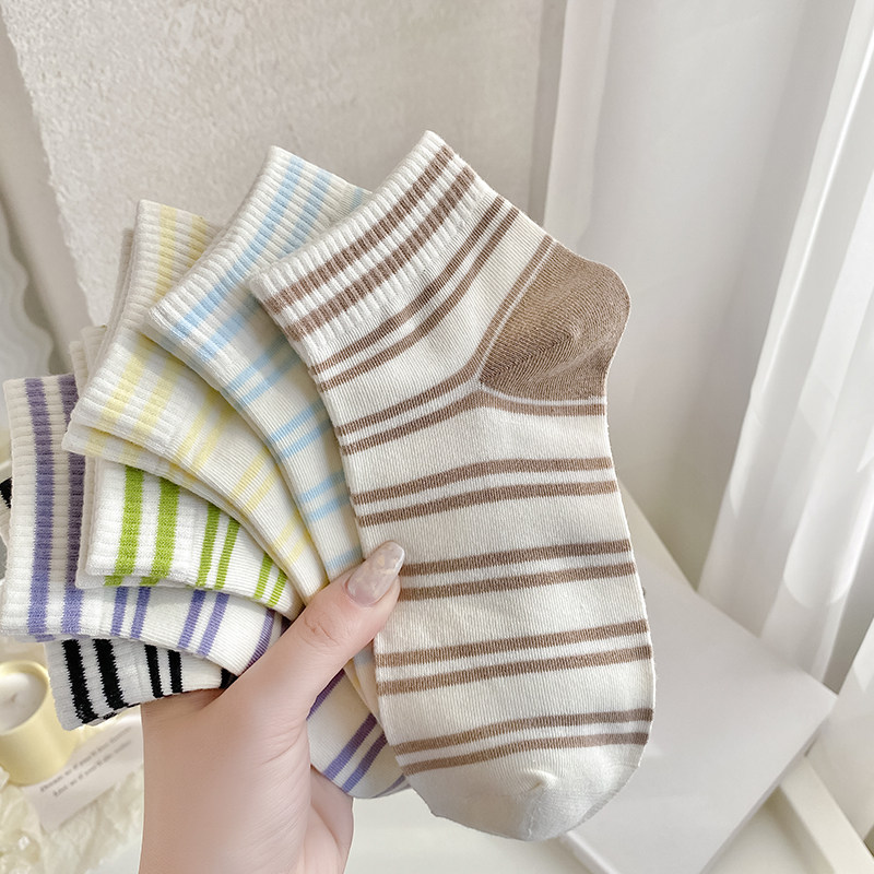 袜子女纯棉条纹中短筒春夏薄款ins潮学院风短袜夏季船袜女棉潮薄