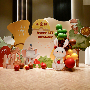 森系1周岁生日布置kt板女孩2岁生日场景装饰定制卡通动物展板背景