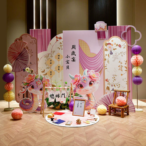 粉色女宝宝周岁宴生日布置背景墙