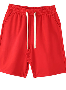 红色五分裤男女活动休闲短裤纯棉运动裤夏季薄款宽松直筒沙滩中裤