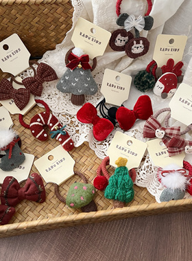 圣诞节新年红色儿童发饰女童充棉蝴蝶结绕绕皮筋宝宝喜庆球球发圈