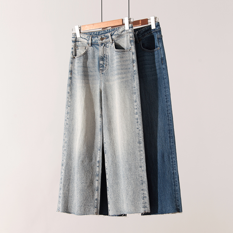 进口面料复古毛边直筒牛仔裤女秋