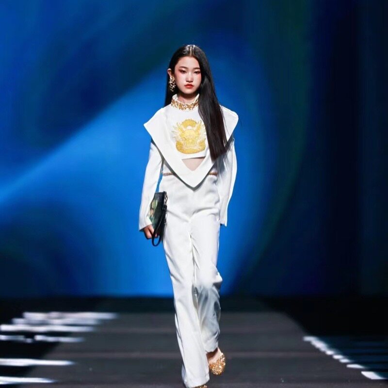 儿童走秀礼服女童国潮个性潮服中国风走秀礼服龙图案创意连体裤