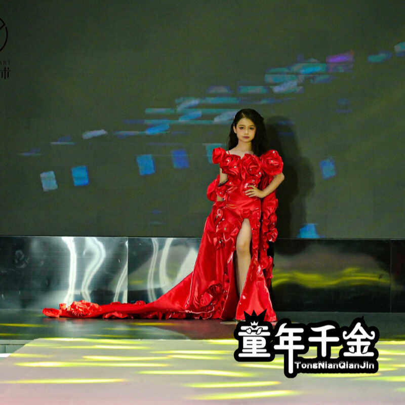 香榭丽舍下午茶出租儿童礼服走秀模特演出服女童红色玫瑰花修身