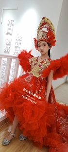 出租出售高端儿童走秀礼服女童前短后长大拖尾小童红色夸张头饰