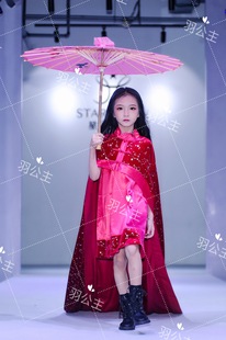 儿童上海滩走秀礼服女童大气时尚演出服拖尾前短后长中小童国潮