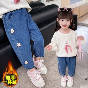 儿童加厚宝宝百搭休闲宽松一体绒老爹裤 新款 子2023冬季 女童加绒裤
