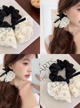 甜美蝴蝶结千金发圈蕾丝双层温柔韩版皮筋时尚刺绣复古发绳气质