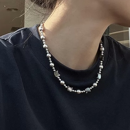 明星同款~FELIX麻灰珍珠项链女轻奢高级感贝母猫咪锁骨毛衣链