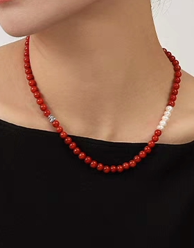 红玛瑙项链天然珍珠红色手串复古手链饰品简约通勤颈链女