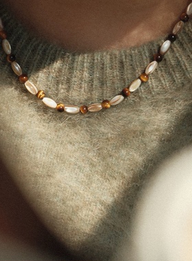 设计师款天然石虎眼串珠项链女小众感个性毛衣链叠戴百搭时尚礼物